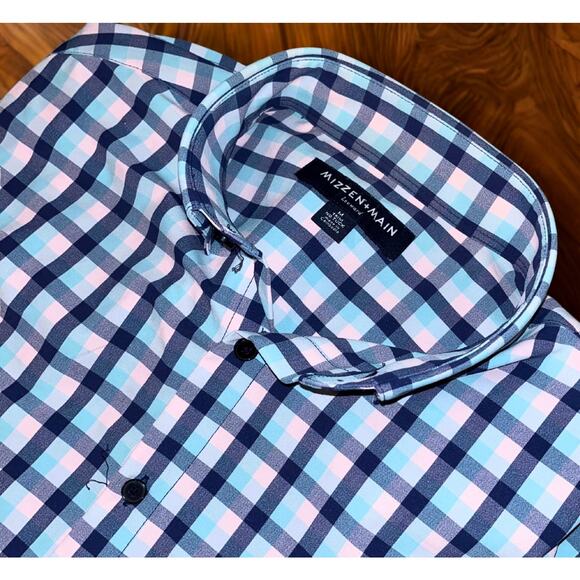 Mizzen+Main Leeward Shirt M Trim No Tuck Blue Pink Plaid Stretch Dress EUC - Picture 1 of 9